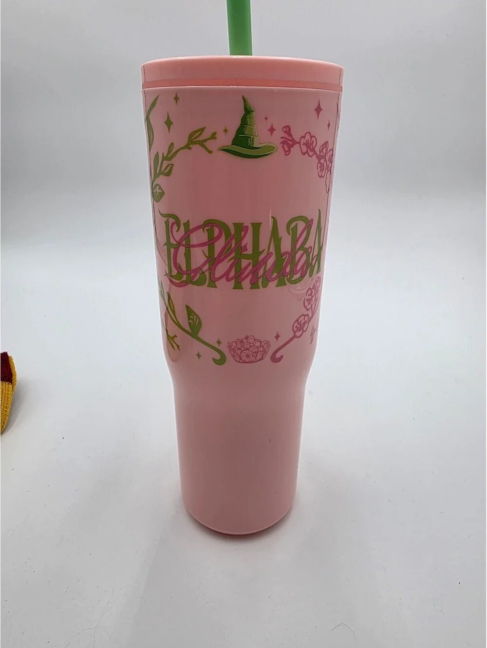 Pink Tall Tumbler with Lid and Straw, Gold and Green Decorative Print
